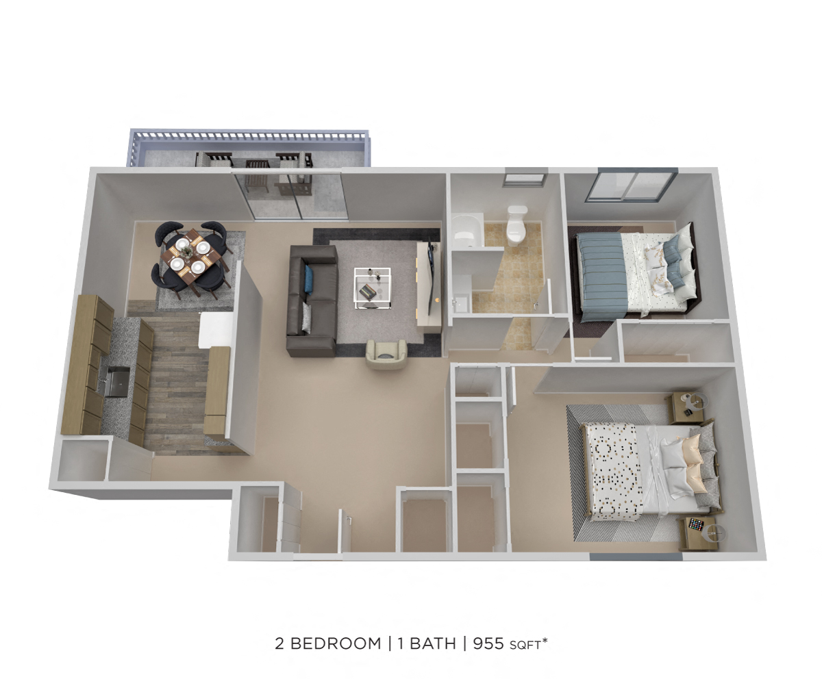 Floor plan for 2 beds, 1 bath, 955 sqft